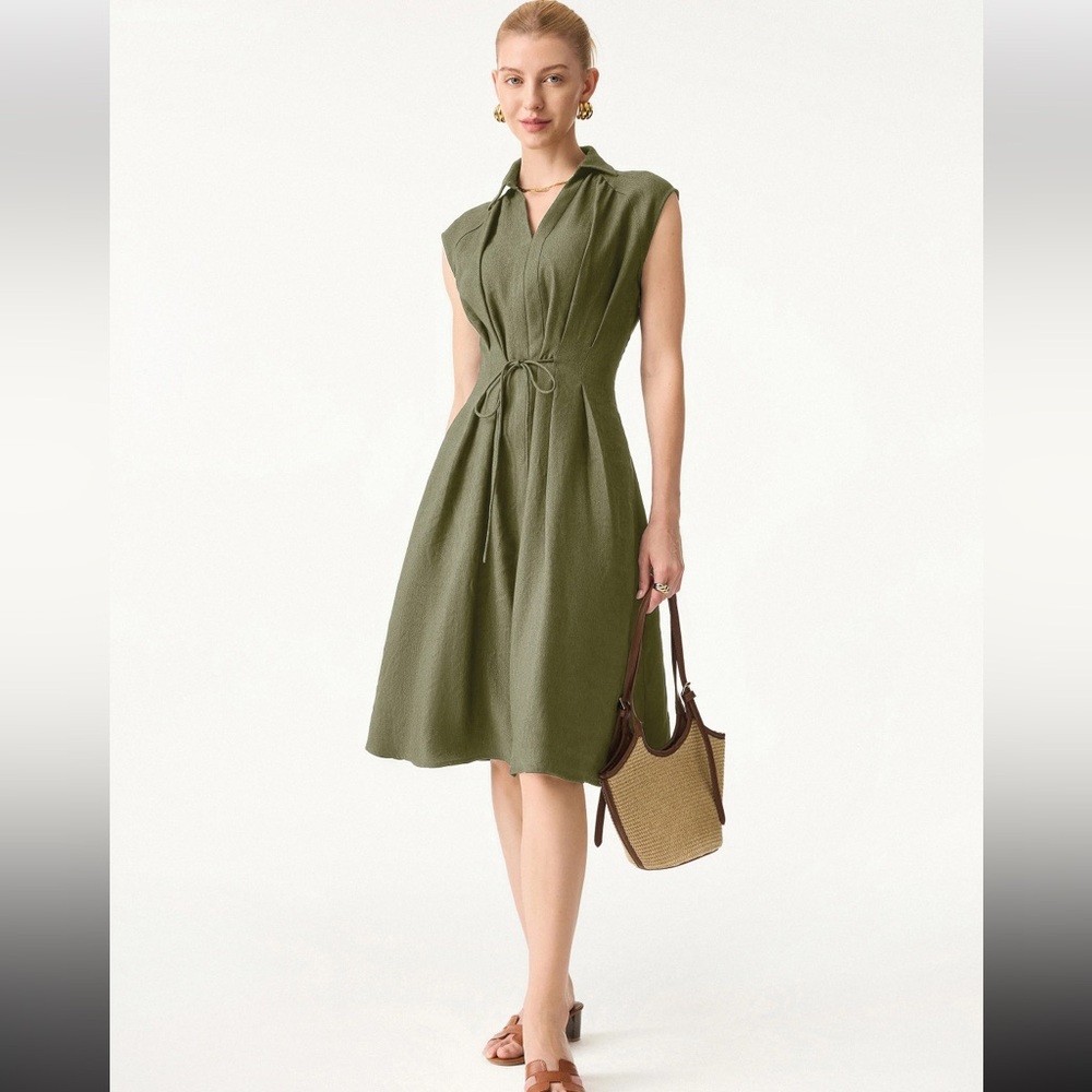 Viscose-Linen Collared V-neck Midi Dress with Drawstring